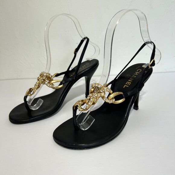 Chanel Sz 36 Black Leather Slingback Heels With Gold Chain Rhinestone Detail - Picture 2 of 14
